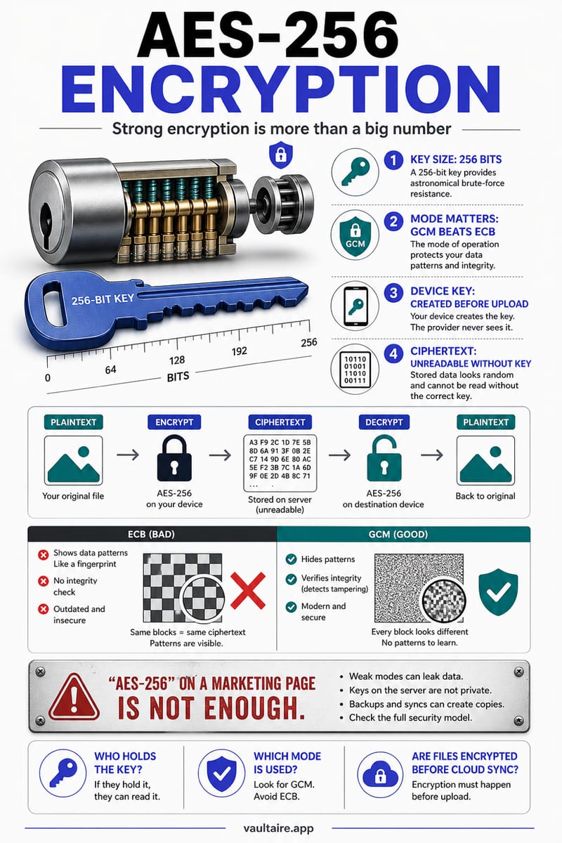 AES-256 Encryption Explained: What It Means for Your Data — illustrated Vaultaire guide card