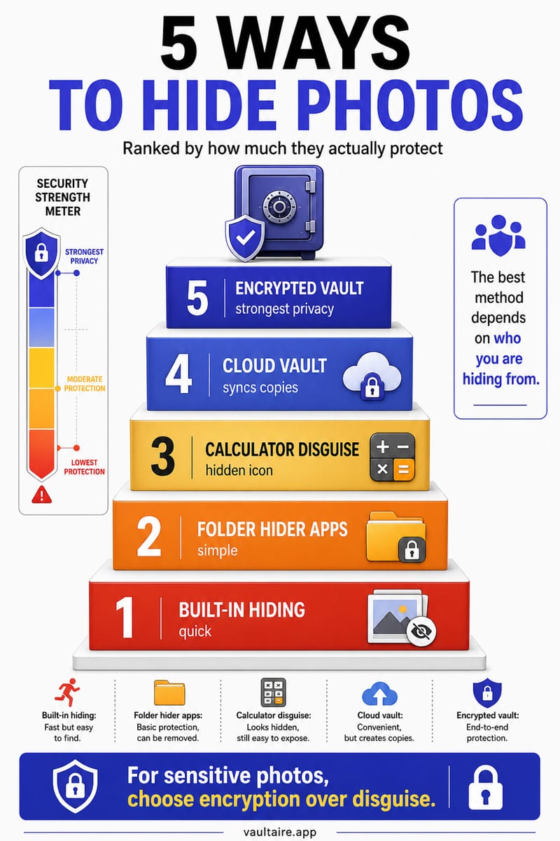 App to Hide Photos or Pictures: 5 Types Graded D to A (2026) — illustrated Vaultaire guide card