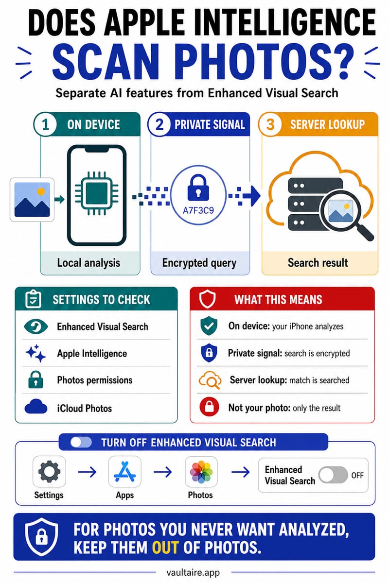 Does Apple Intelligence Scan Your Photos? — illustrated Vaultaire guide card
