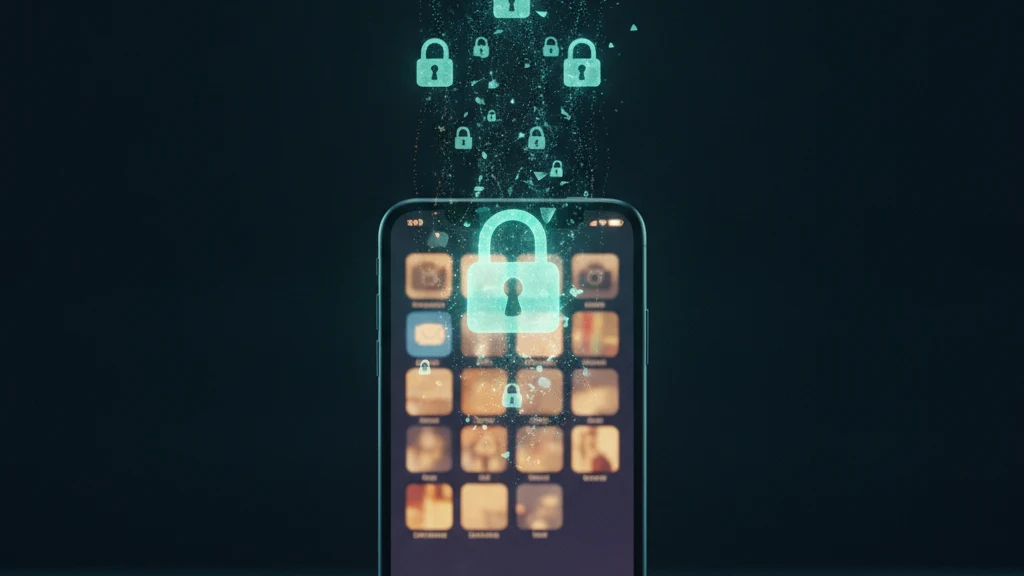 iPhone screen showing Photos app settings with a lock icon and encrypted data flowing toward a dark cloud server