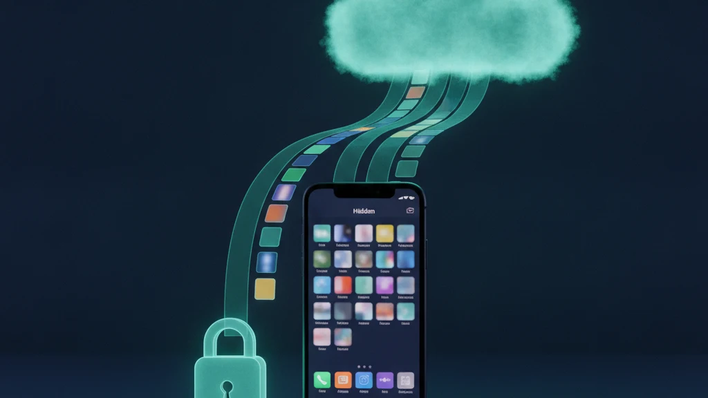 Illustration of an iPhone Hidden album syncing up to iCloud over a navy and teal gradient.