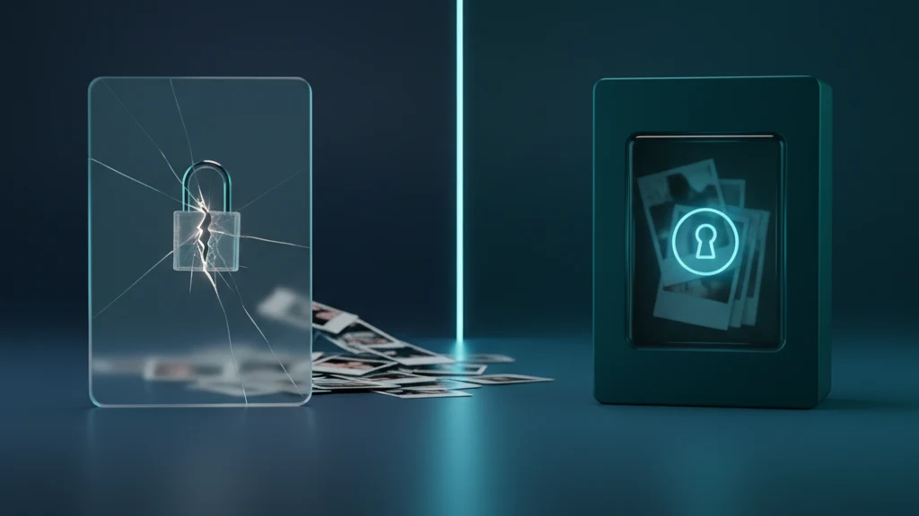 Abstract illustration comparing a flimsy padlock on a calculator icon with a solid encrypted vault, representing safe versus unsafe photo vault apps.
