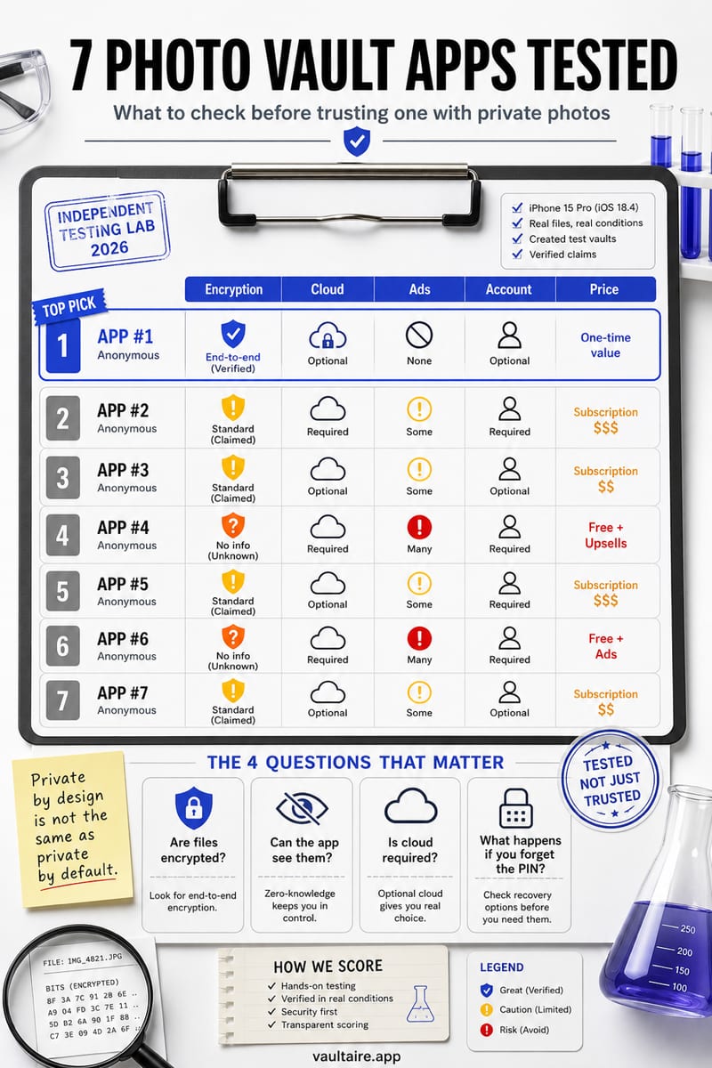 7 Best Photo Vault Apps for iPhone in 2026 (Free and Paid) — illustrated Vaultaire guide card
