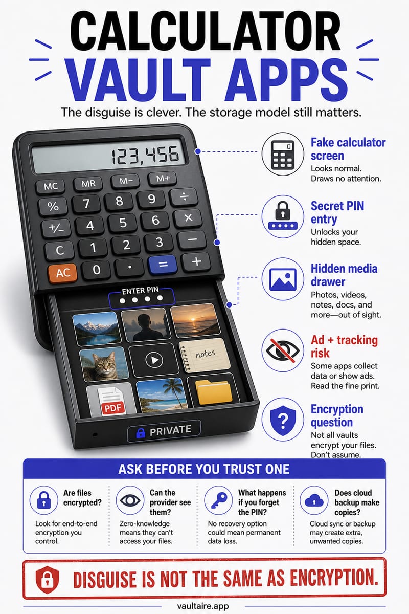 Calculator Vault Apps: How They Work and Why They Exist — illustrated Vaultaire guide card