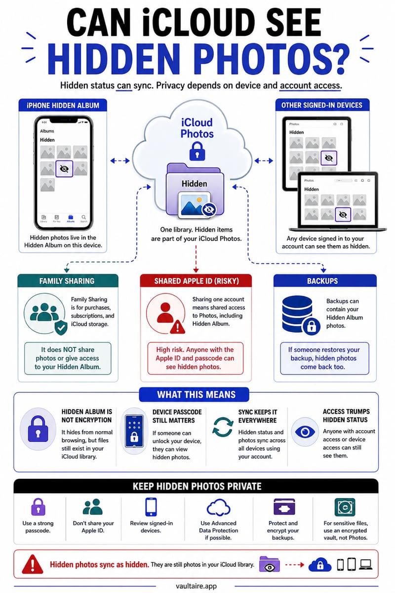 Can Anyone See My Hidden Photos on iCloud? The Honest Answer — illustrated Vaultaire guide card
