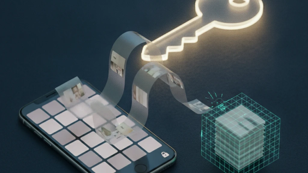 A hand holding an iPhone that shows the Hidden album, with translucent copies of the same photos drifting up to a cloud stamped with a key, while a separate sealed vault cube glows teal nearby, illustrating that hidden photos still reach Apple's servers unless they are truly encrypted.