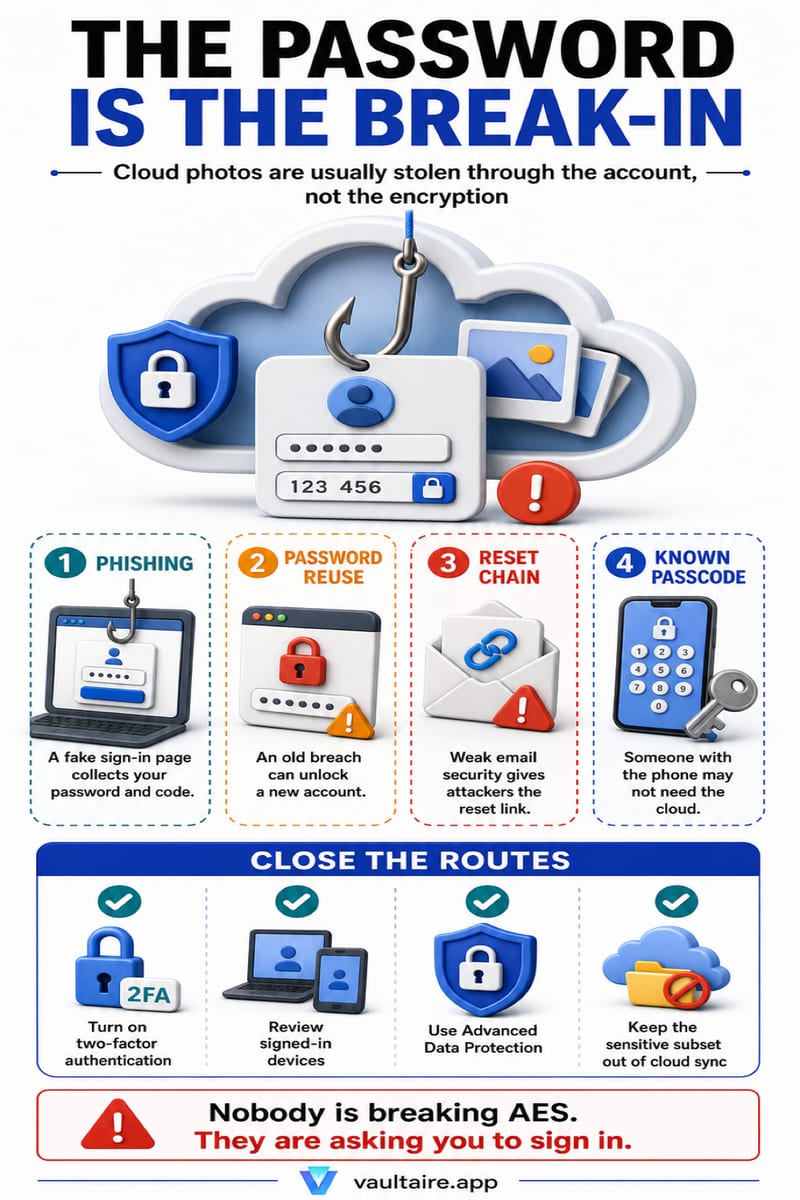 Can Hackers Get Into Your Cloud Photo Storage? — illustrated Vaultaire guide card