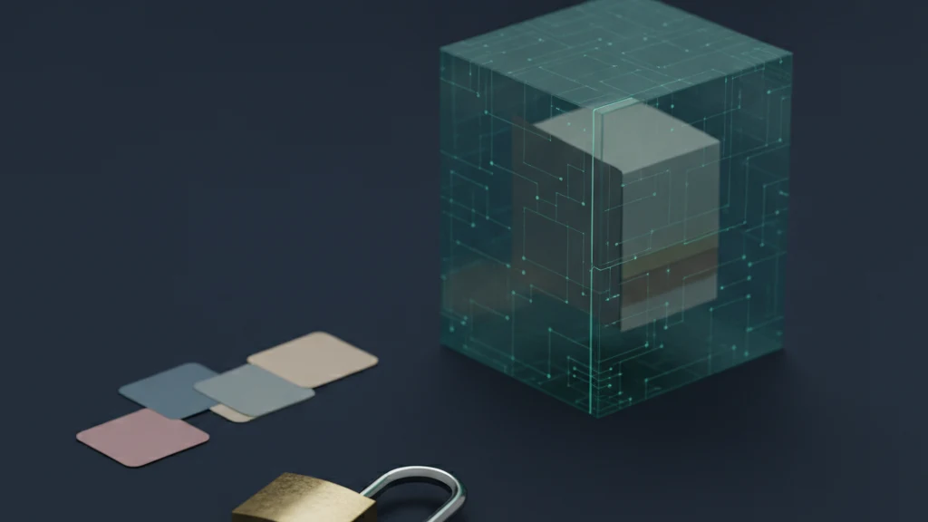 A dark navy surface holding a tall translucent teal cube wrapped in thin lines of light, with a single open padlock resting on the floor beside it and a faint trail of empty photo tiles drifting away from the unlocked side toward the edge of the frame.