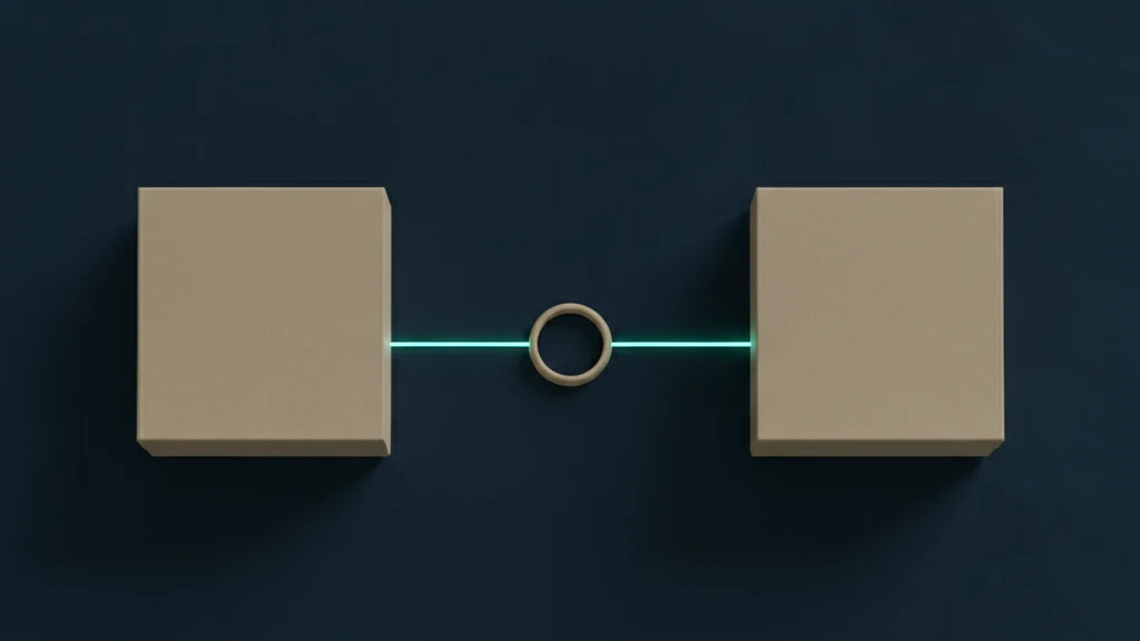 An abstract scene on a deep navy surface: two flat pale sand boxes sit apart, and one plain ring in the same sand color lies between them. A thin teal line of light runs from the ring to each box.