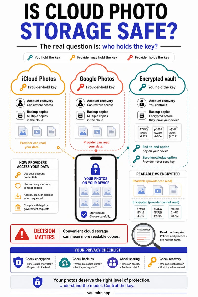 Cloud Photo Storage: Is It Safe? What Privacy Policies Say — illustrated Vaultaire guide card