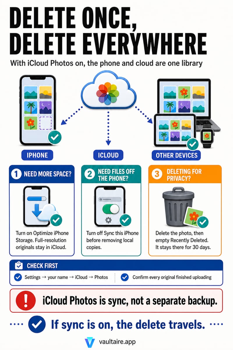 Delete Photos from iPhone but Keep Them in iCloud — illustrated Vaultaire guide card