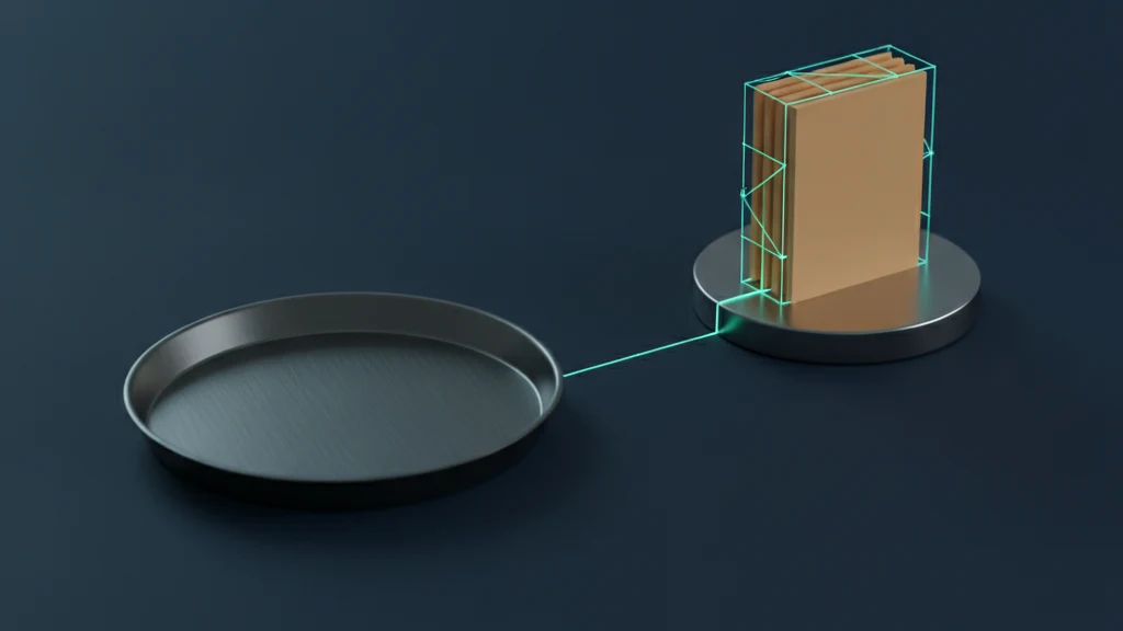 A dark navy surface holding an empty round metal tray beside a raised pedestal stacked with blank sand colored photo tiles, with one thin teal line running from the empty tray to the pedestal.