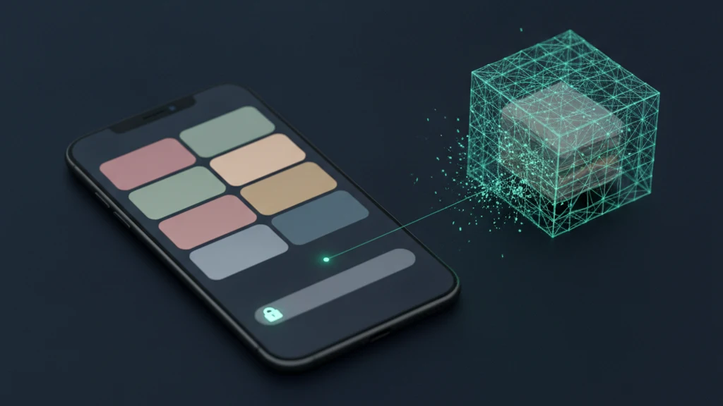 An iPhone lying on a dark surface showing a gallery of blank colored photo tiles with one locked album row glowing, while faint teal light trails reach toward it and break against a sealed translucent vault cube resting alongside.