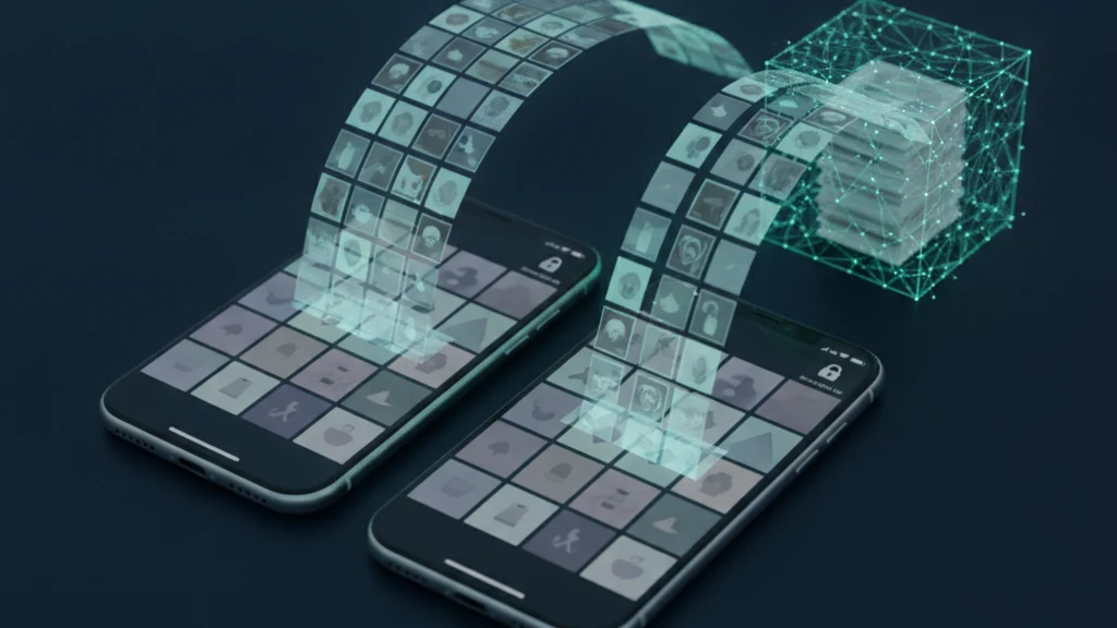Two iPhones facing each other during setup, with translucent copies of photos from a Hidden album flowing from the old phone into the new one, while a separate sealed teal vault cube stays locked on the side, showing that hidden photos move across but are not encrypted.