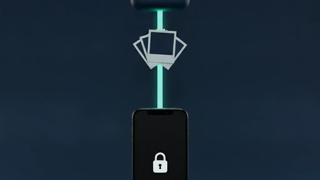An iPhone showing a locked photo vault app next to an iCloud backup icon, illustrating where hidden vault photos are stored.