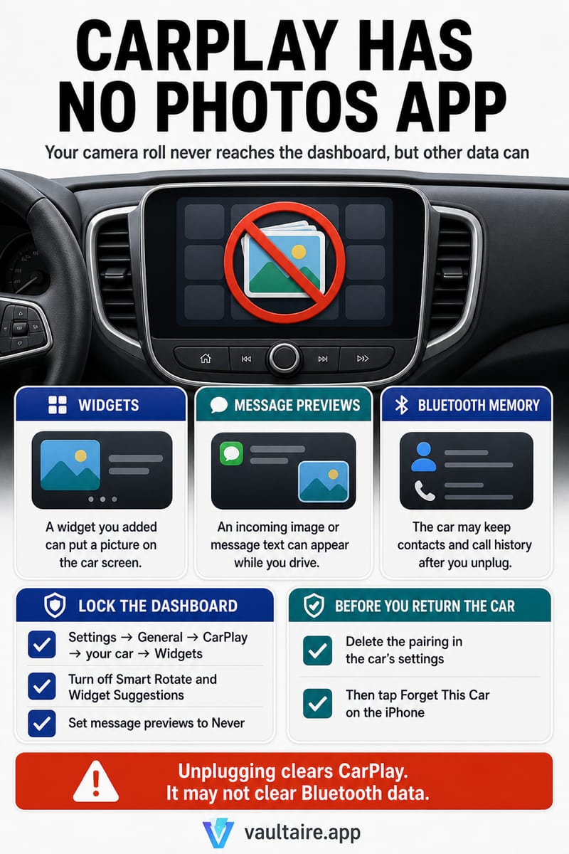 Does CarPlay Show Your Photos on the Car Screen? — illustrated Vaultaire guide card