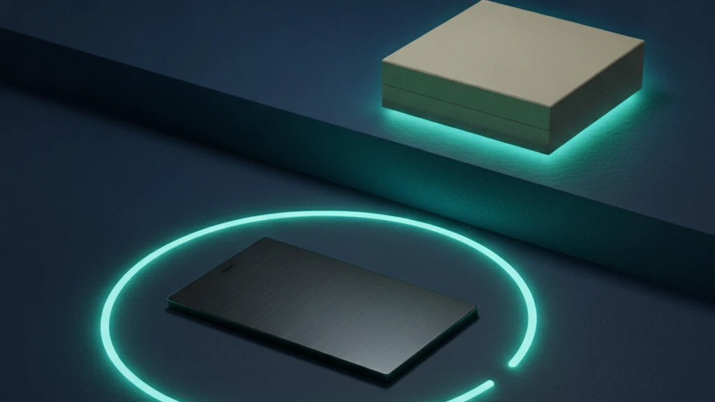 An emptied dark matte rectangular slab lies on a navy surface inside a broken ring of teal light, while an identical sealed sand colored box rests untouched on a raised ledge above it.