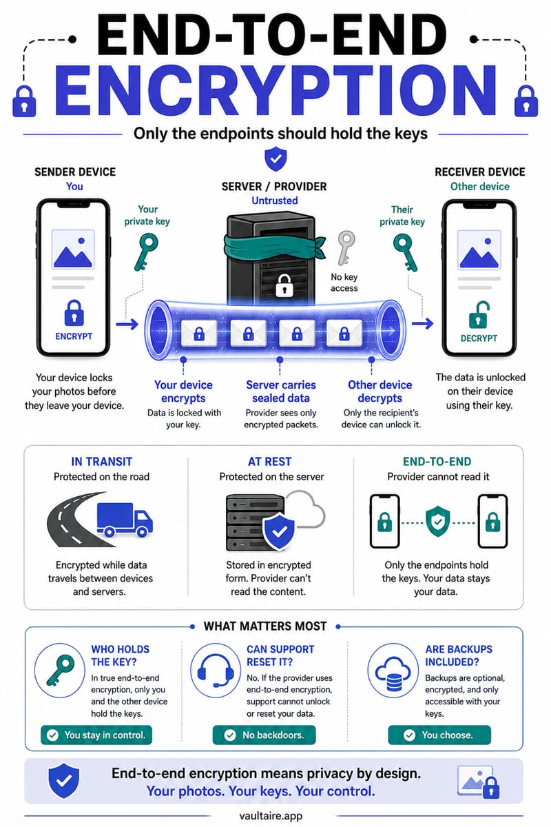 What Is End-to-End Encryption? How It Protects Your Photos — illustrated Vaultaire guide card