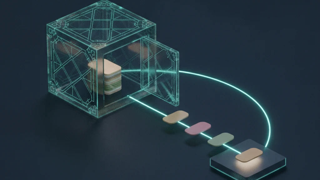 A sealed translucent vault cube resting on a dark navy surface with one side open, letting a clean line of teal light carry three small colored photo swatches out of the cube and down onto a lit landing pad beside it, showing photos leaving a vault intact.