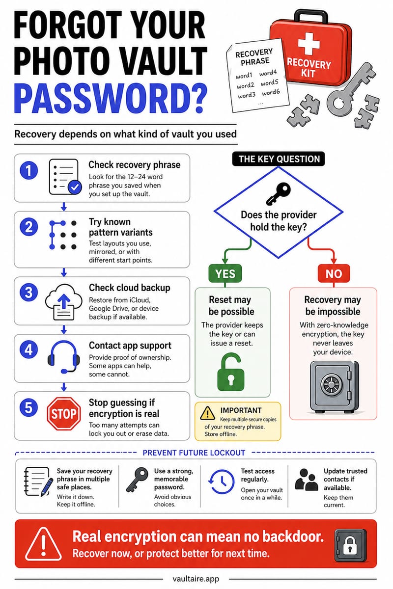 Photo Vault Password Recovery: What Works, App by App — illustrated Vaultaire guide card