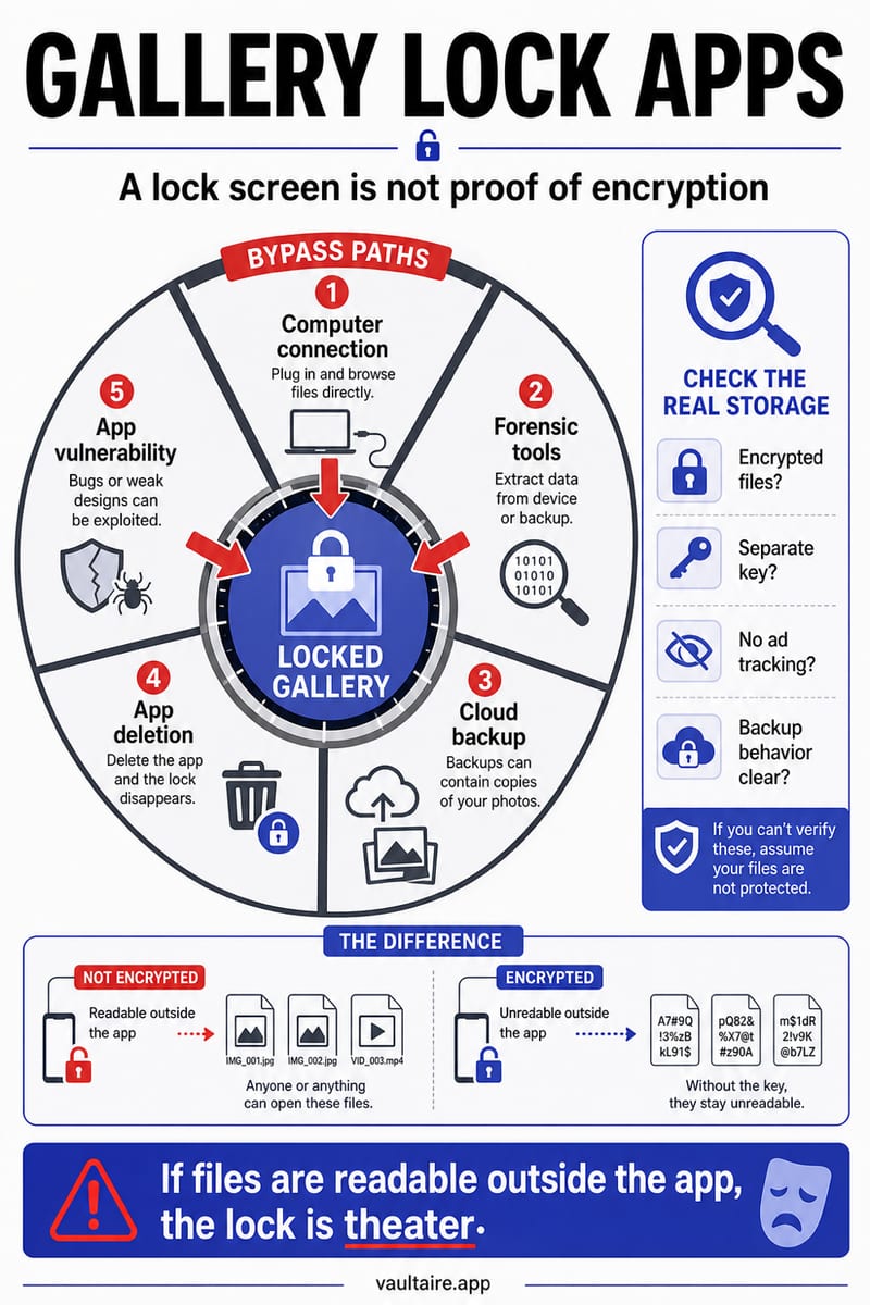 Gallery Lock Apps: Most Do Not Encrypt Your Photos — illustrated Vaultaire guide card