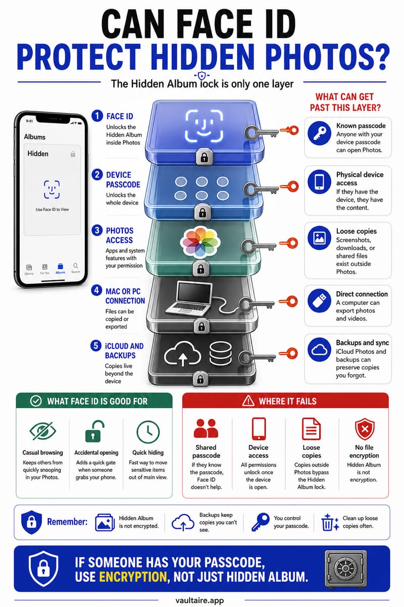 Can the iPhone Hidden Album Face ID Be Bypassed? — illustrated Vaultaire guide card