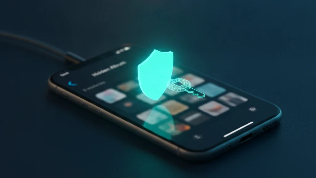 An iPhone Hidden album guarded by a glowing teal Face ID icon, with a passcode key quietly slipping past the lock to show the photos are gated by visibility, not encryption