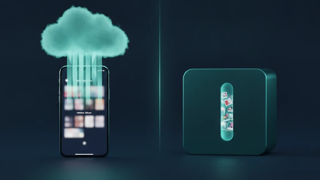 Split illustration comparing an iPhone Hidden album syncing to iCloud against a locked offline photo vault, over a navy and teal gradient.