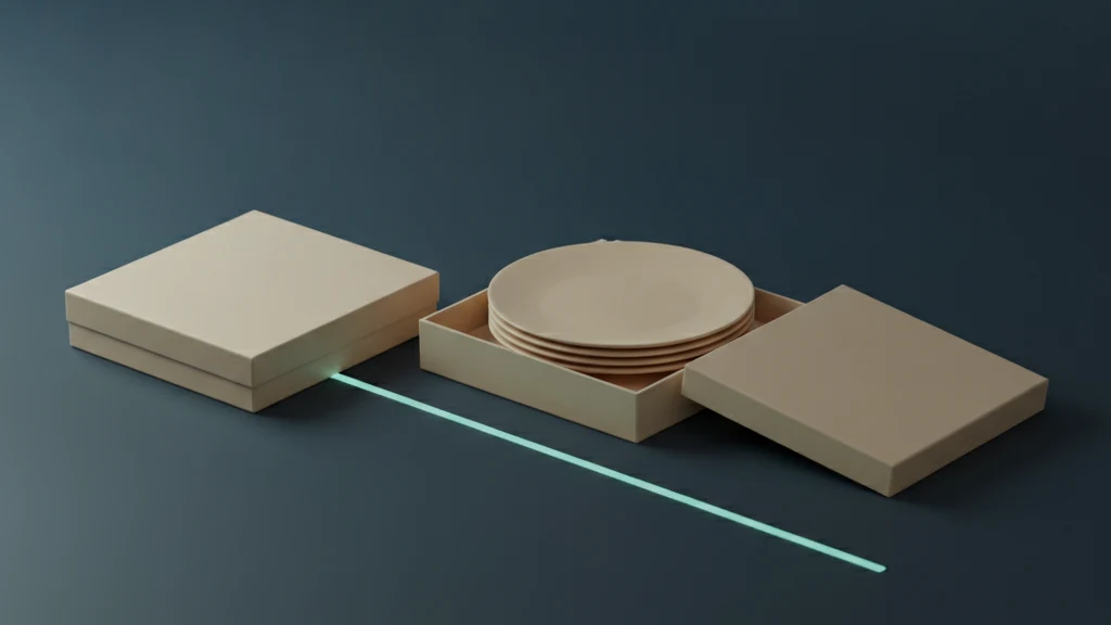 An abstract image on a deep navy surface: two flat sand coloured boxes sit side by side, and only the right box has its lid off, showing a stack of identical plain panels inside. One thin teal line of light joins the two boxes.
