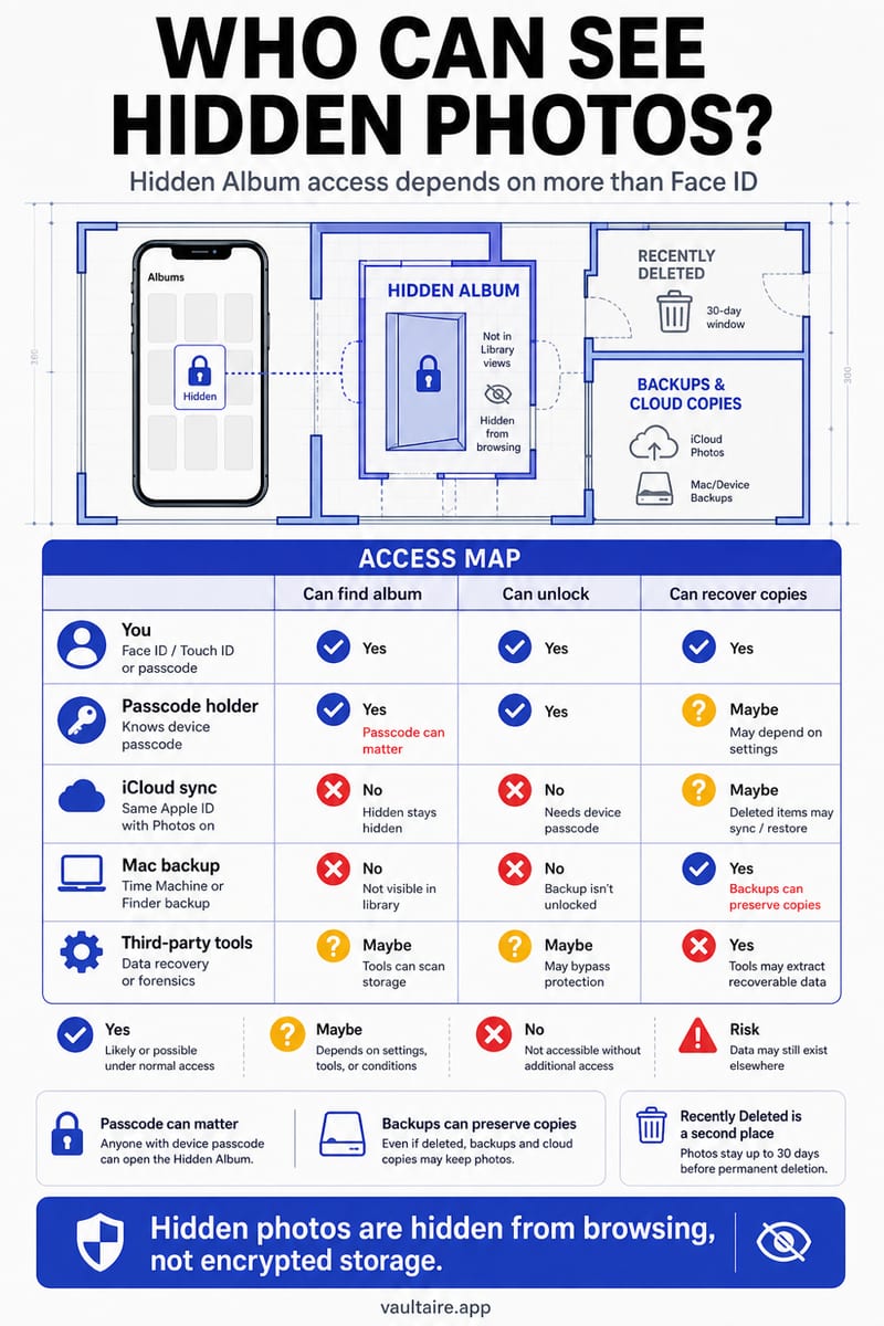 Hidden Photos on iPhone: Where They Are and What iCloud Keeps — illustrated Vaultaire guide card