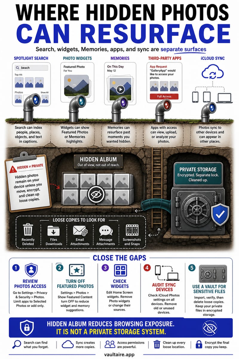 Do Hidden Photos Show in iPhone Search or Widgets? — illustrated Vaultaire guide card
