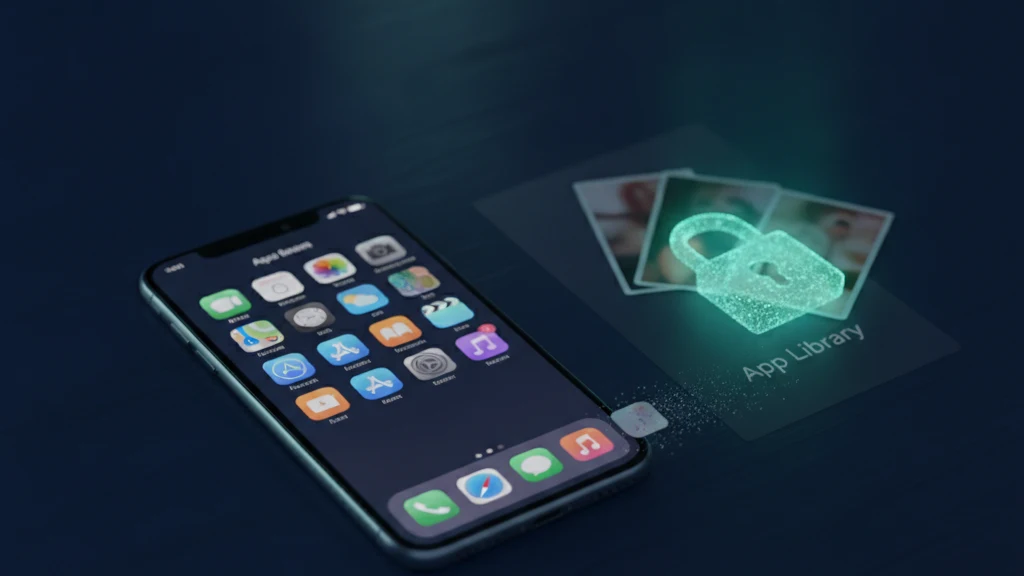 An iPhone Home Screen with one app icon fading into a hidden App Library page, while a separate glowing teal padlock seals the private photos that the app held