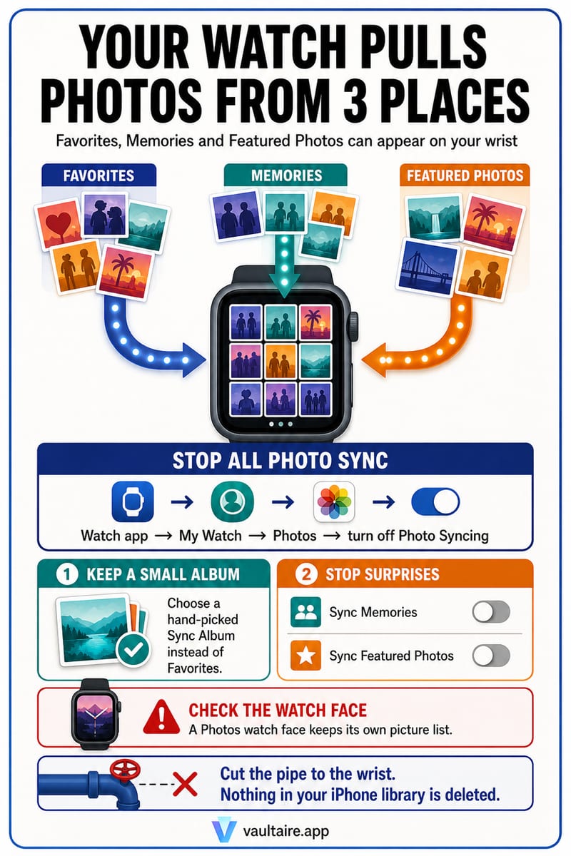 How to Hide Photos from Apple Watch and Stop the Sync — illustrated Vaultaire guide card