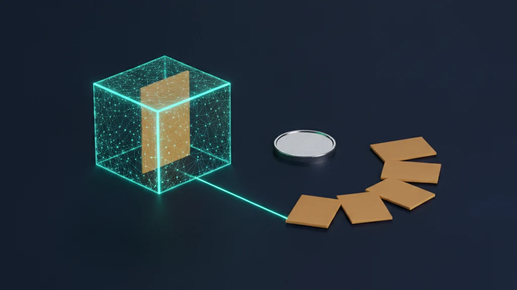 A dark navy surface holding a small closed translucent teal cube with one blank sand colored photo tile sealed inside it, while a short curved line of identical blank tiles travelling toward an empty round pedestal stops early and settles flat on the surface.