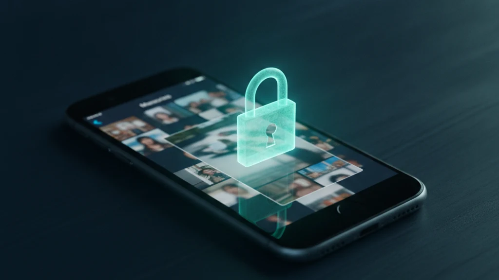 An iPhone showing a Memories slideshow on a dark desk, with one photo card pulled out of the slideshow and sealed behind a glowing teal padlock so it can no longer be featured