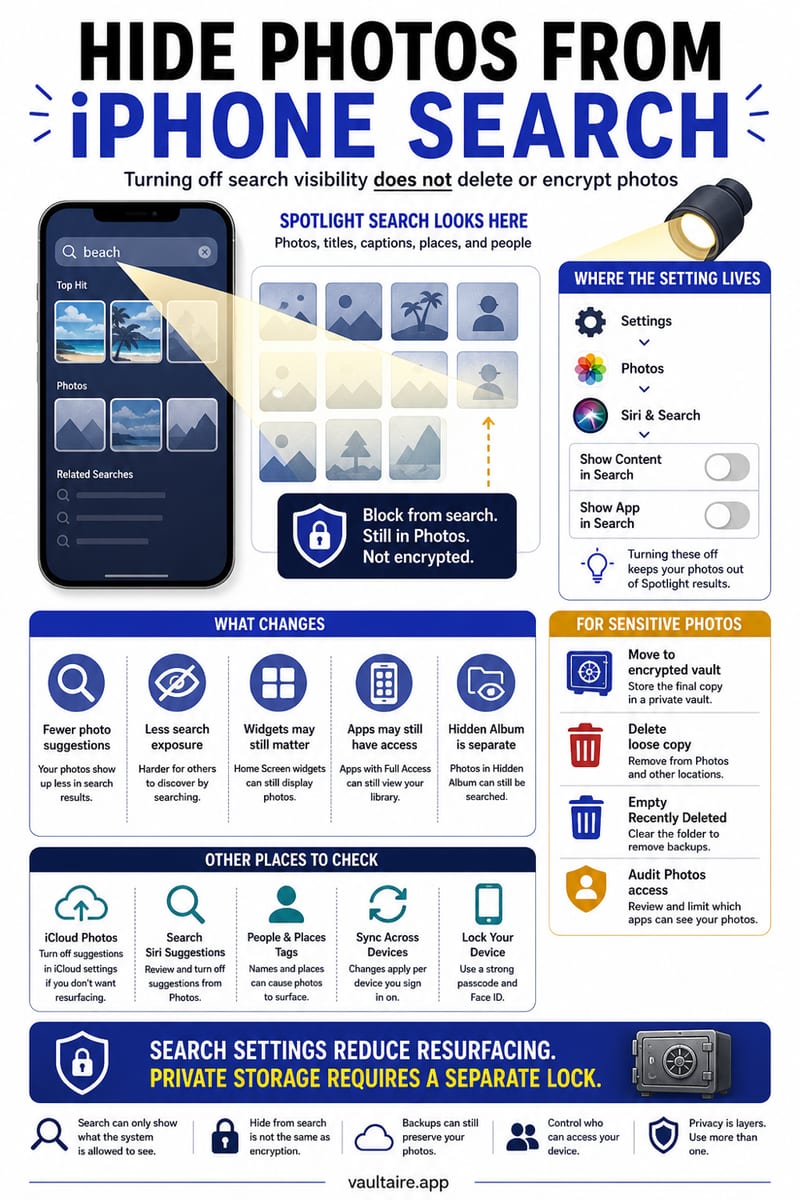How to Hide Photos from Spotlight Search on iPhone (2026) — illustrated Vaultaire guide card