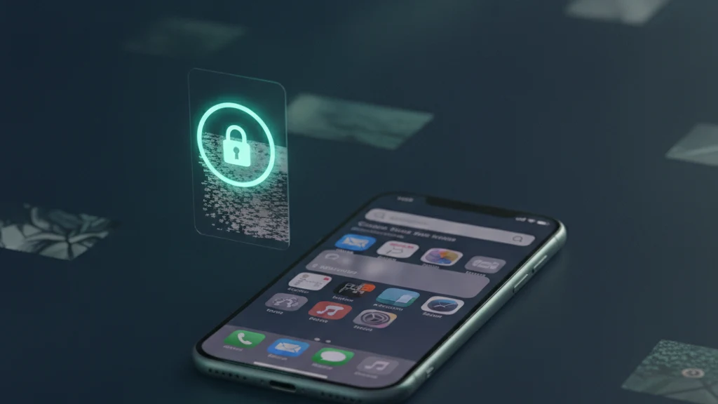 An iPhone on a desk showing Spotlight search with the Photos results switched off and one private photo sealed behind a Face ID lock