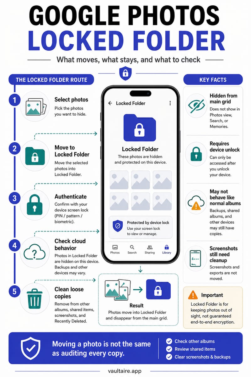How to Hide Photos in Google Photos (2026) — illustrated Vaultaire guide card