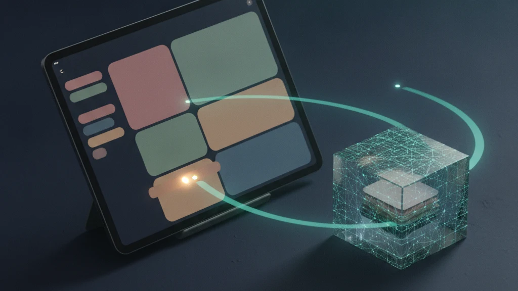 A tablet propped on a stand showing a gallery of blank colored photo tiles beside a sidebar, with trails of teal light arcing away from one tucked away sidebar row toward a sealed translucent vault cube resting nearby, illustrating that an album merely tucked away on a shared iPad stays reachable while an encrypted vault keeps its contents sealed.