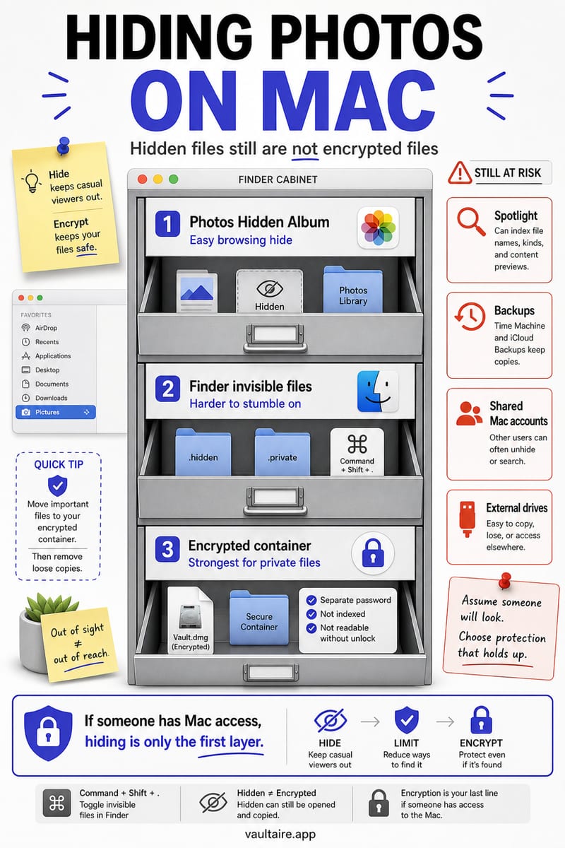 How to Hide Photos on Mac in 2026 — illustrated Vaultaire guide card