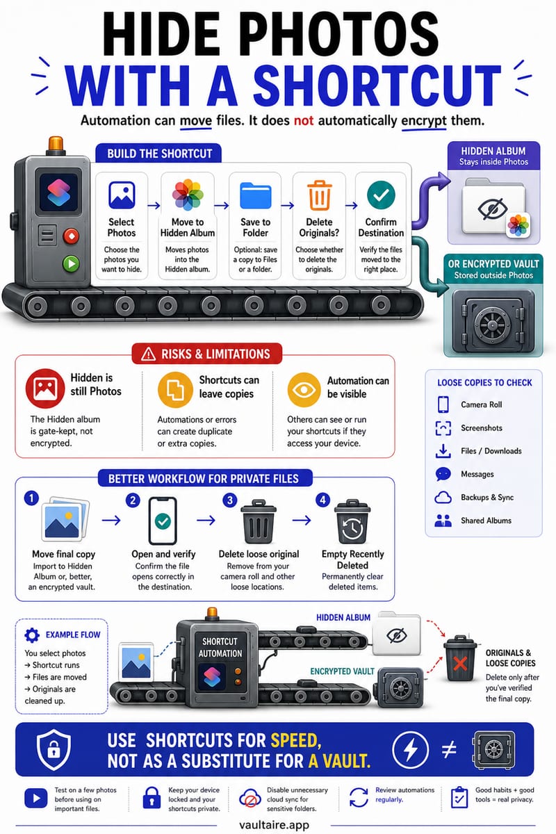 How to Hide Photos on iPhone With a Shortcut — illustrated Vaultaire guide card