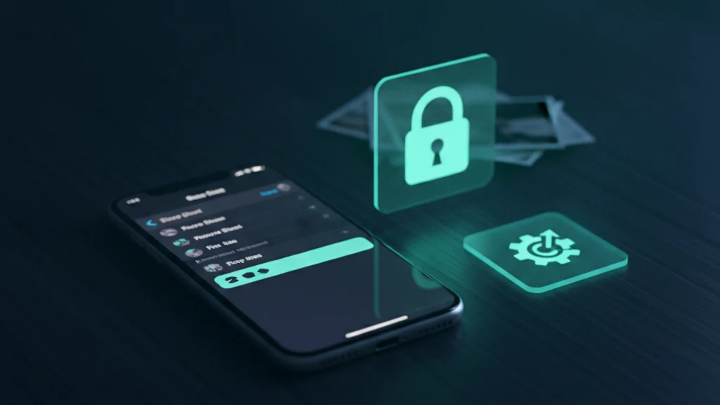 An iPhone showing the Photos share sheet with the Hide action highlighted, beside a glowing teal Shortcuts icon and a locked vault card on a dark background