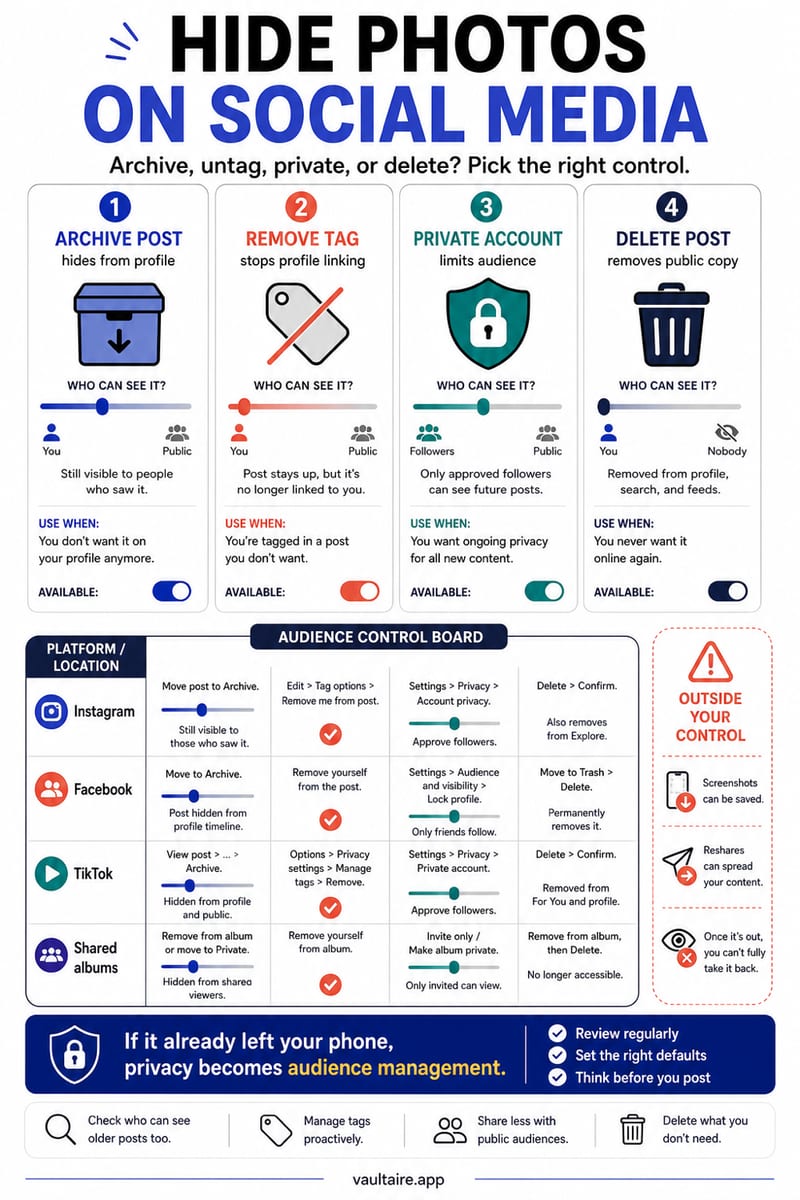 How to Hide Photos on Instagram and Social Media (2026) — illustrated Vaultaire guide card