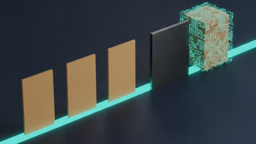A dark navy surface where a thin teal line carries blank sand colored photo tiles toward a raised dark matte panel that blocks them, with a separate stack of tiles behind the panel wrapped in thin teal light lines.