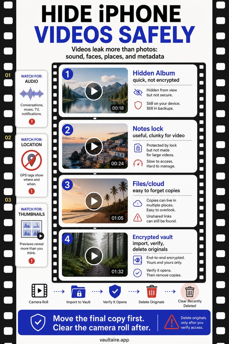 How to Hide Videos on iPhone (2026 Guide) — illustrated Vaultaire guide card