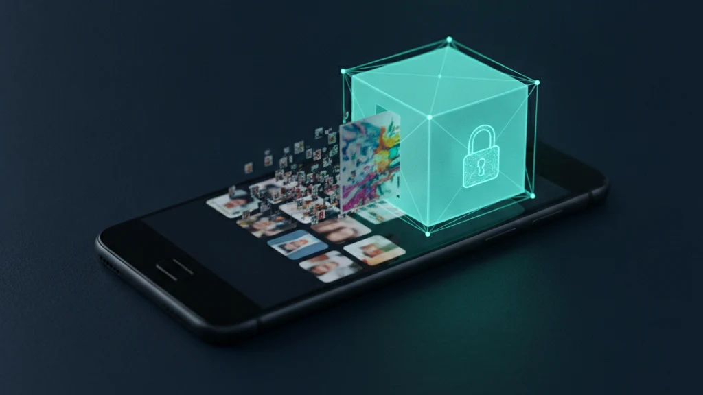 An iPhone showing a photo thumbnail sliding from the camera roll into a glowing, padlocked vault cube, illustrating how a photo vault app moves and encrypts a picture.