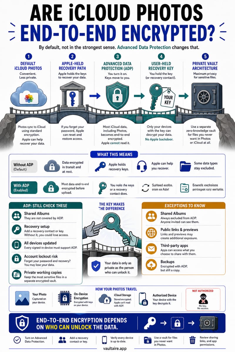 Are iCloud Photos End-to-End Encrypted? — illustrated Vaultaire guide card