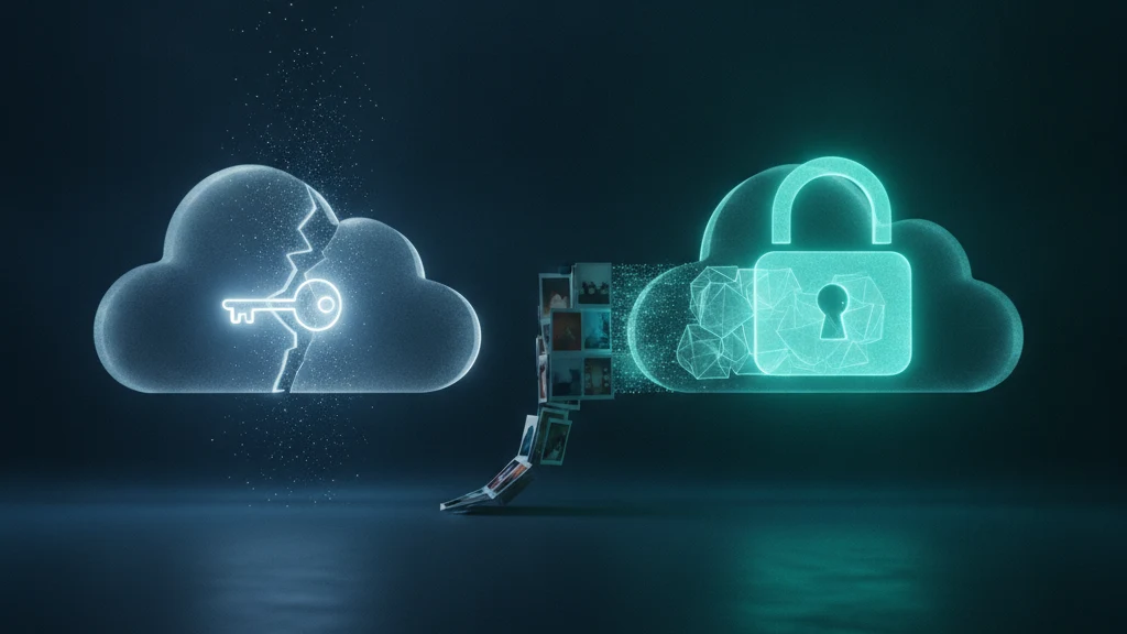 Dark technical illustration of an iPhone with an iCloud icon and a padlock split to show two different key-custody states