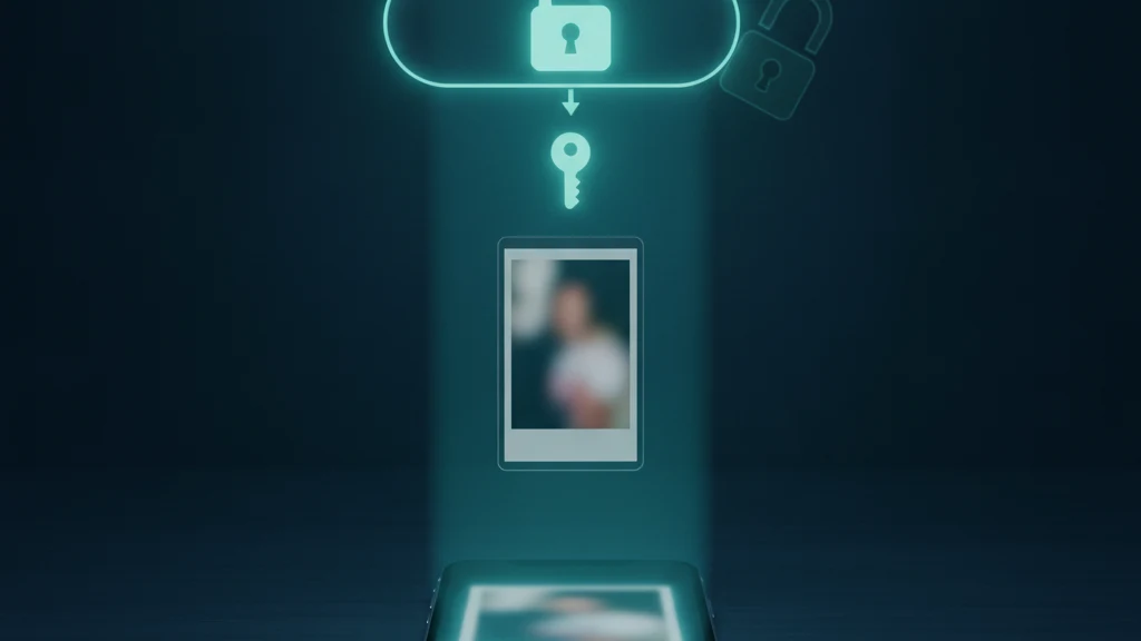 Abstract illustration of an iPhone photo travelling to a cloud, with a padlock closing around it as Advanced Data Protection turns the standard lock into an end-to-end seal.