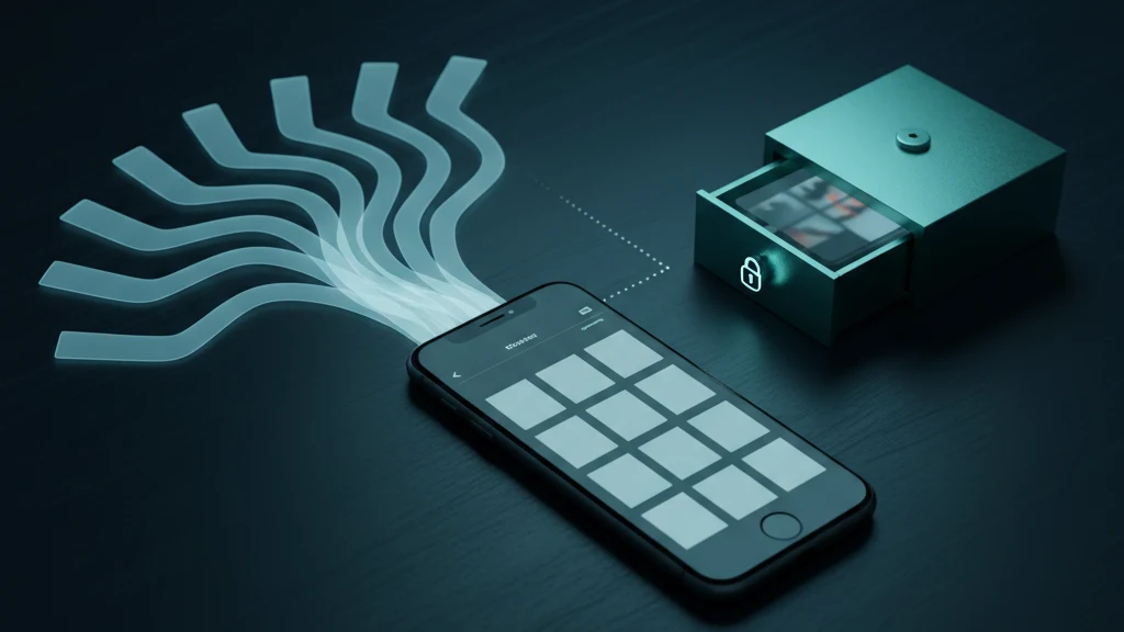 Abstract illustration of an iPhone sharing translucent photo cards over a public link while a separate locked vault keeps private photos sealed.